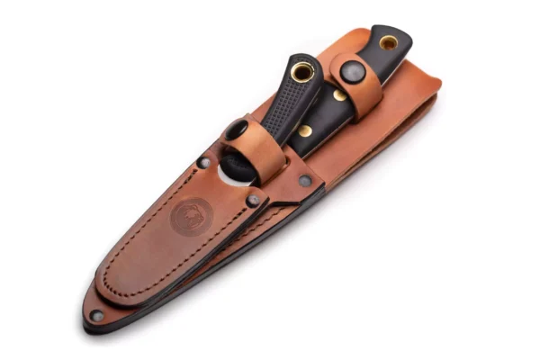 Alpha Wolf and Muskrat knives with Suregrip handles stored in leather sheath