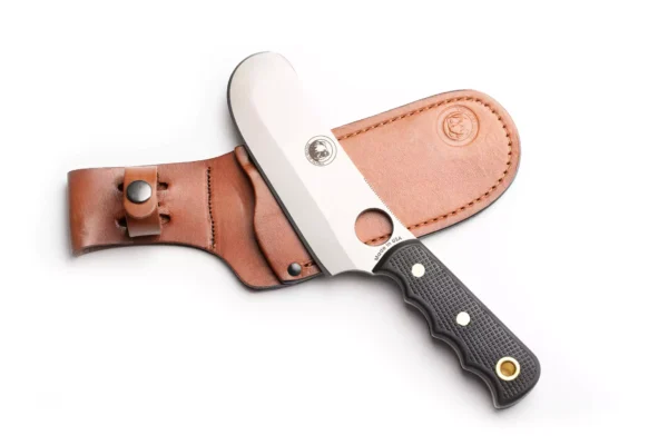 Knives of Alaska Brown Bear knife with Suregrip handle resting on leather sheath