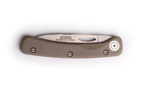 Featherlight Hunter knife folded with OD green G10 handle