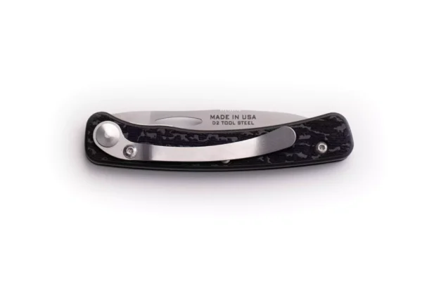 Featherlight Hunter folding knife closed with pocket clip and D2 tool steel marking