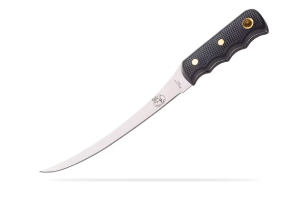 Coho fillet knife with black Suregrip handle and curved 440C stainless steel blade