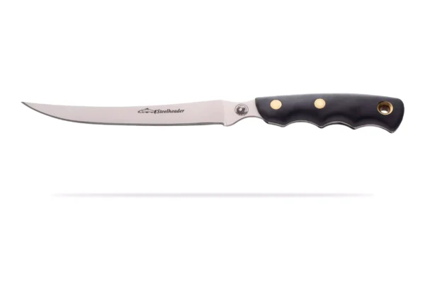 Steelheader fillet knife with black Suregrip handle and curved stainless steel blade