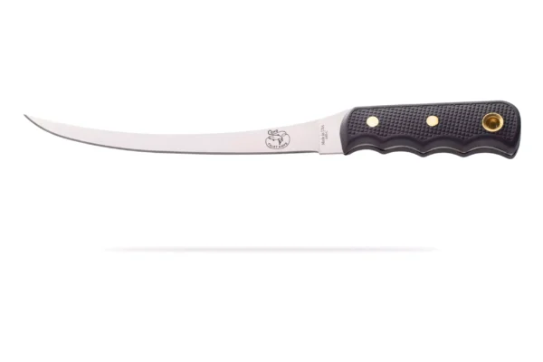 Coho fillet knife with black Suregrip handle and curved stainless steel blade