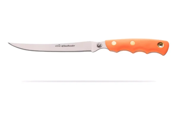 Steelheader fillet knife with orange Suregrip handle and precision stainless blade