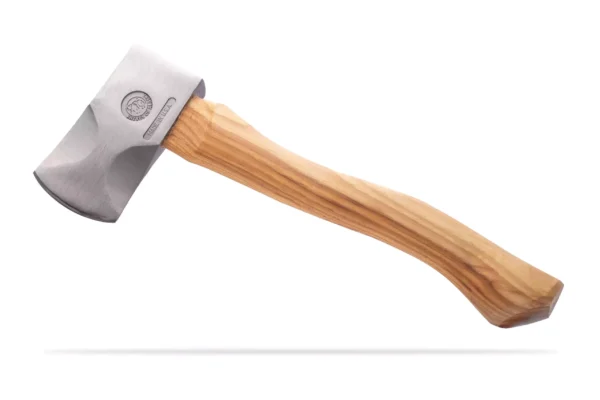 Hunter's hatchet with curved wood handle and polished steel head