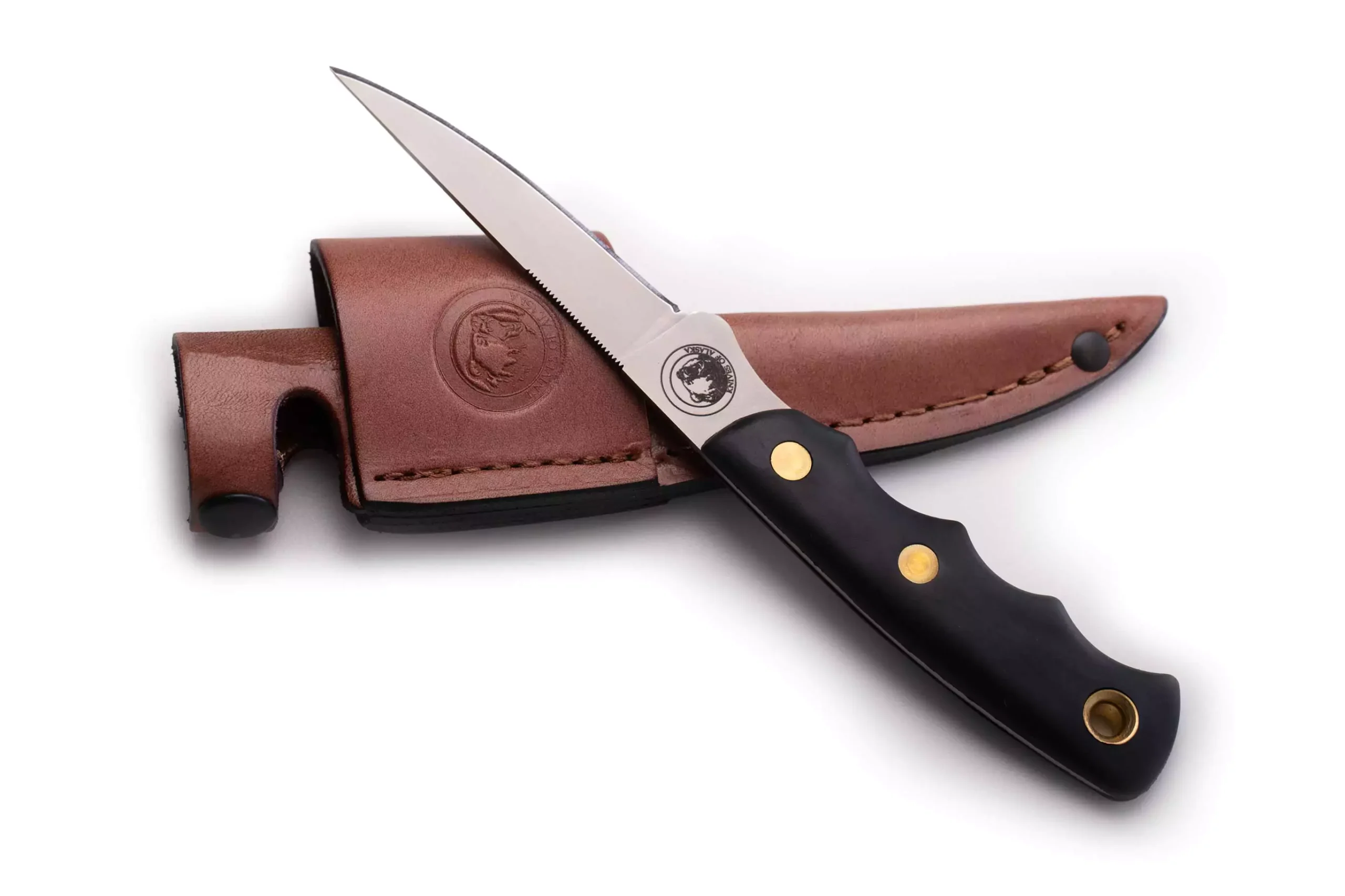 Jaeger boning knife with black Suregrip handle beside leather sheath