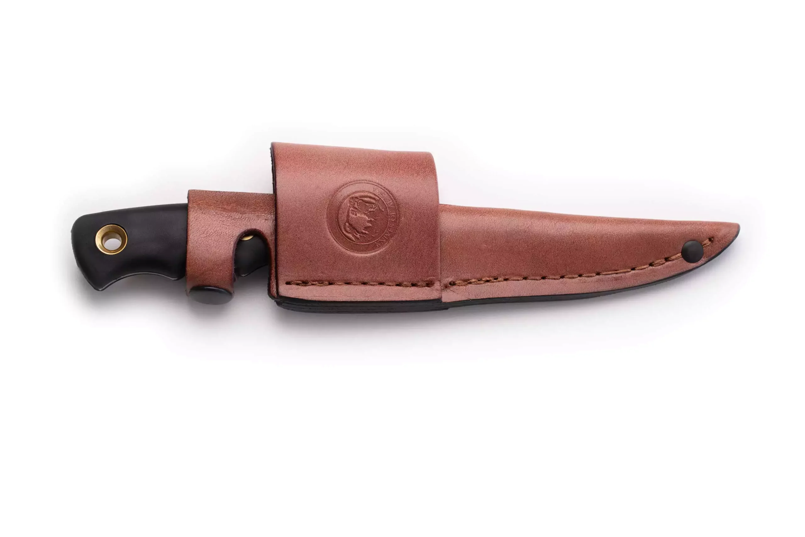 Jaeger boning knife with black Suregrip handle partially sheathed