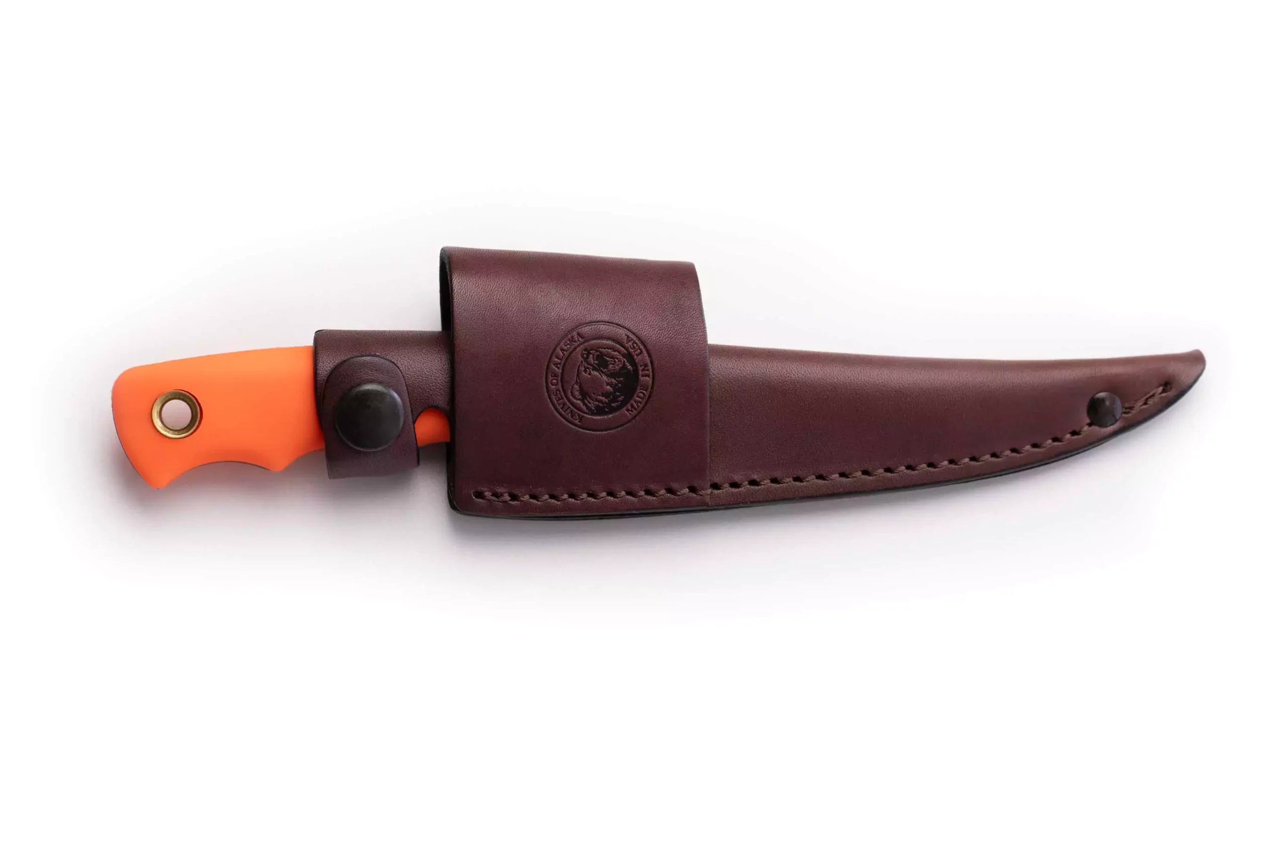 Jaeger hunting knife with orange Suregrip handle in leather sheath