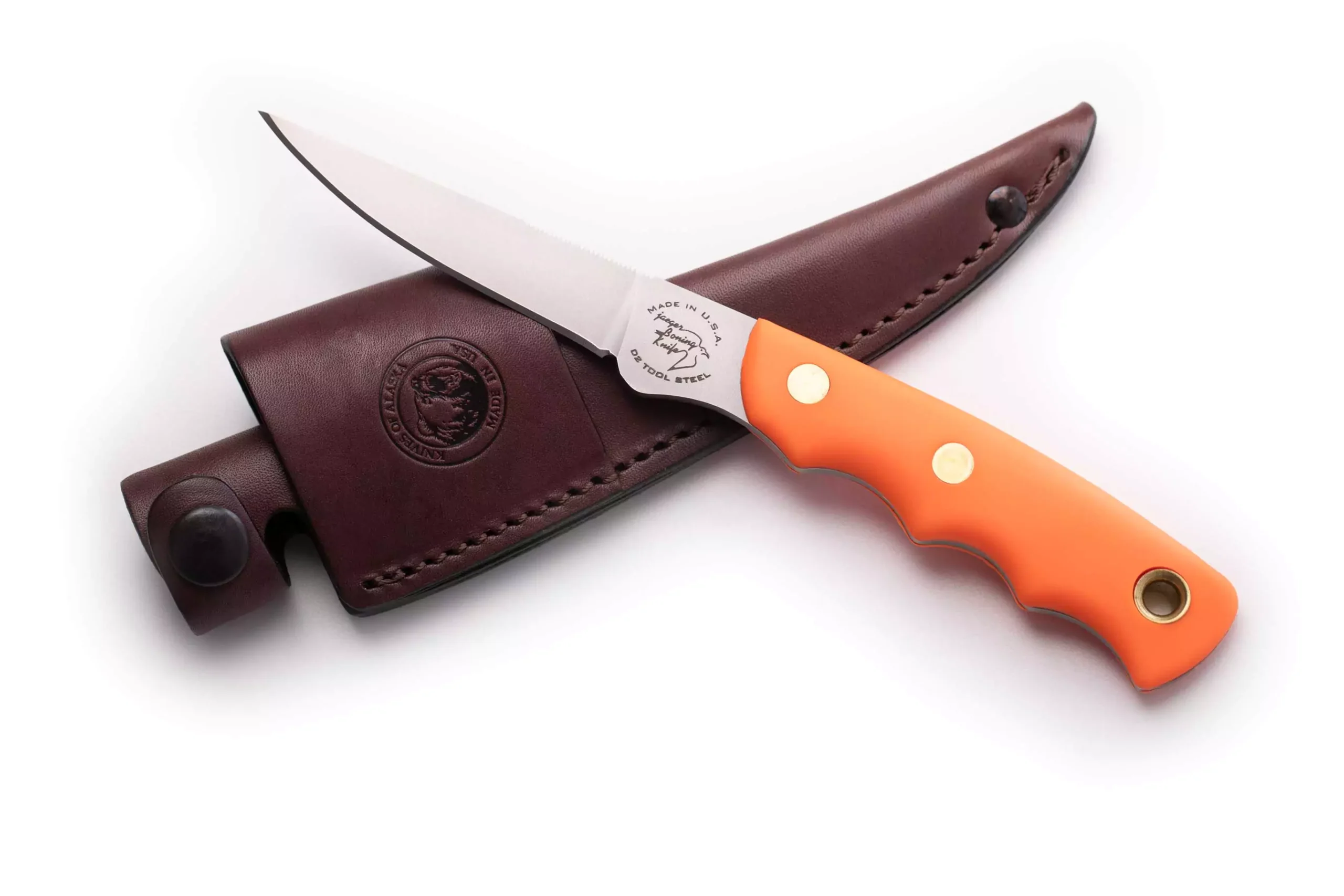 Jaeger hunting knife with orange Suregrip handle and D2 tool steel blade