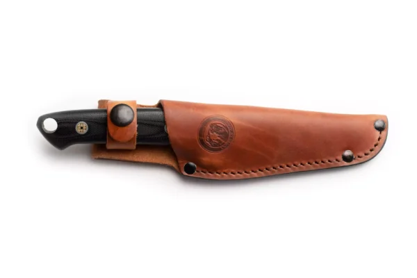 Legacy knife with black G10 handle secured in a leather sheath