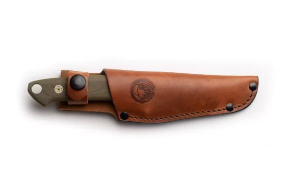 The Legacy knife with olive G10 handle inside leather sheath