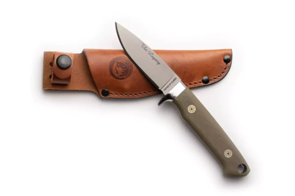 The Legacy knife with olive green G10 handle and leather sheath