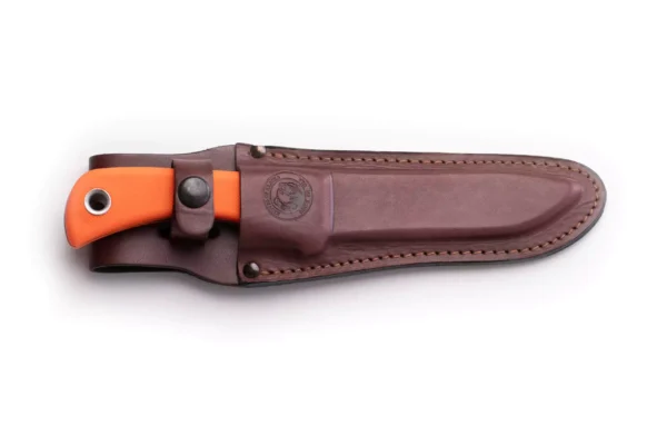 Knives of Alaska Magnum Alaskan knife in brown leather sheath with orange Suregrip handle