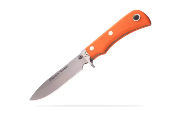 Knives of Alaska Magnum Alaskan knife with orange Suregrip handle angled view