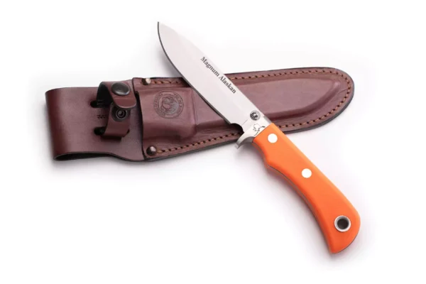 Knives of Alaska Magnum Alaskan knife with orange Suregrip handle and leather sheath