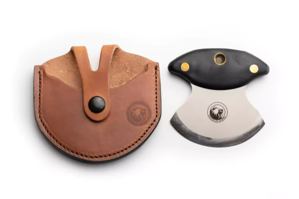 Magnum Ulu knife with black Suregrip handle and leather sheath