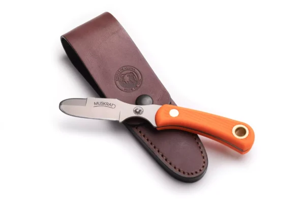 Knives of Alaska Muskrat knife with orange Suregrip handle and brown leather sheath