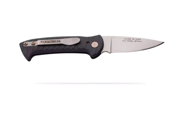 Recon Patrol Auto knife showing D2 tool steel blade and black G10 handle