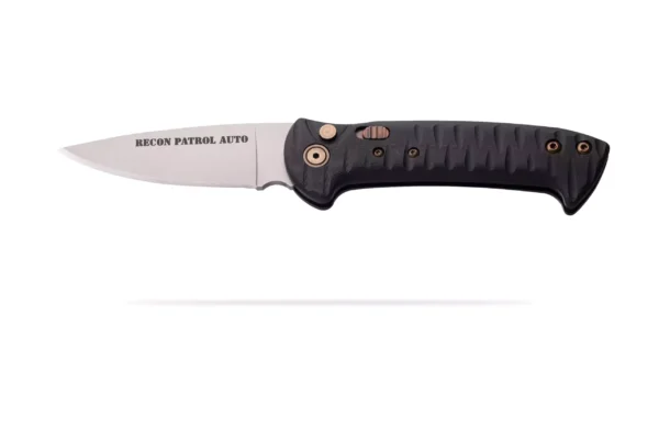 Recon Patrol Auto knife fully deployed with textured black G10 handle