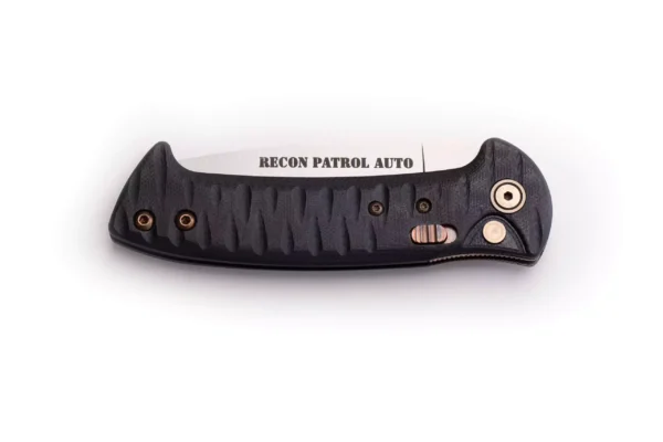 Recon Patrol Auto knife partially folded, showcasing textured G10 handle and blade