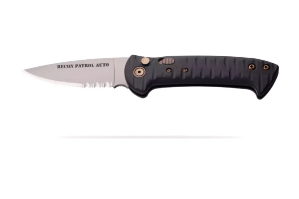 Recon Patrol Auto knife with black G10 handle and partially serrated blade