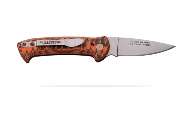 Tactical folding knife with G10 handle and D2 tool steel blade made in the USA