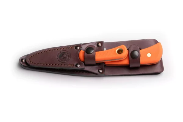 Trekker Series Elk Hunter and Cub Bear knives with orange Suregrip handles secured in a brown leather sheath.
