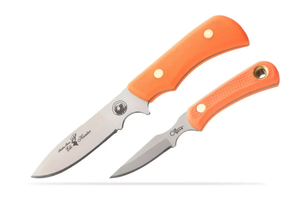 Trekker Series Elk Hunter and Cub Bear knives with bright orange Suregrip handles.