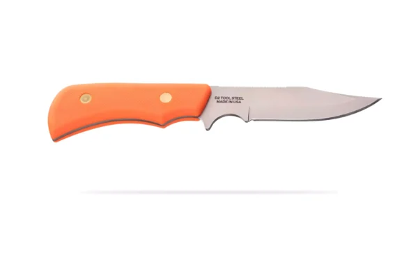 Trekker Pronghorn Hunter knife with a bright orange Suregrip handle displayed on a white background.