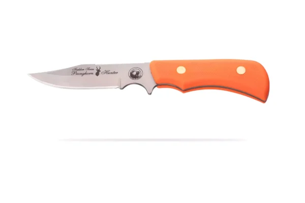 Trekker Pronghorn Hunter knife with a bright orange Suregrip handle displayed on a white background.