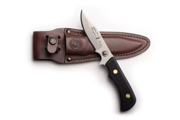 Trekker Pronghorn Hunter knife with Suregrip black handle and brown leather sheath.