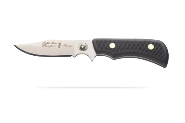 Trekker Pronghorn Hunter knife with Suregrip black handle, featuring a precision blade and brass pins.