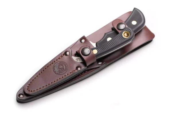 Trekker Pronghorn Hunter and Cub Bear knives secured in a double brown leather sheath with buttoned straps.