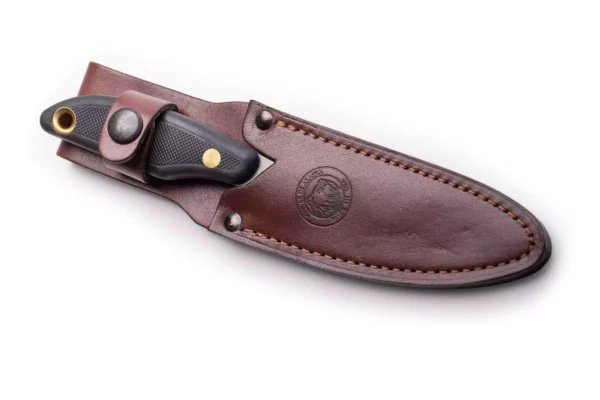 Yukon #1 knife in leather sheath with black SureGrip handle - Knives of Alaska.