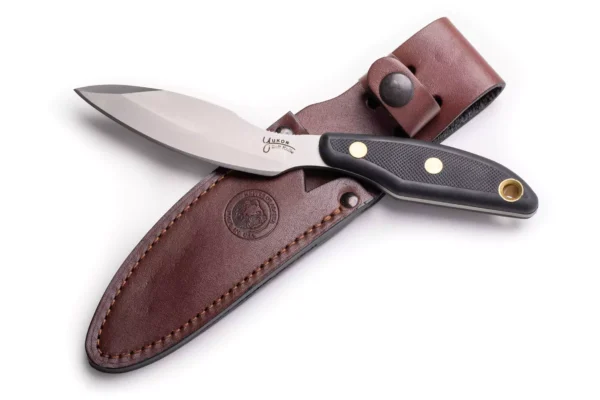 Knives of Alaska Yukon #1 knife with black SureGrip handle and leather sheath.