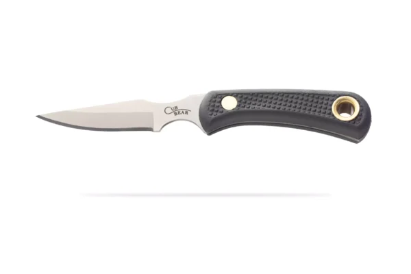 Knives of Alaska Cub Bear knife featuring a narrow blade and black Suregrip handle.