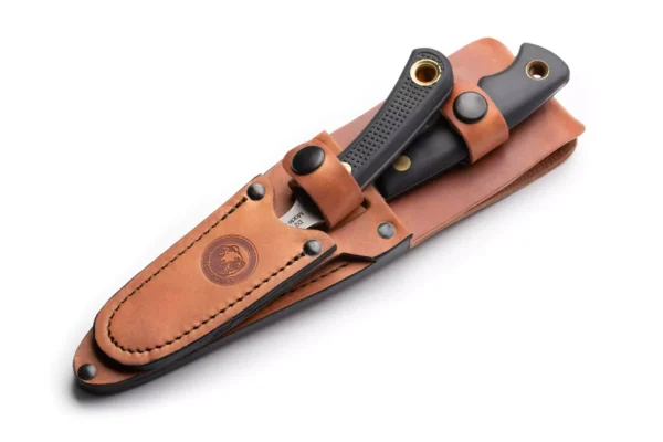 Jaeger and Muskrat knives with black Suregrip handles in premium leather sheath.