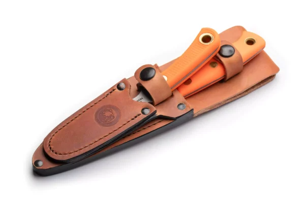 Jaeger and Muskrat Combo knives in leather sheath with orange Suregrip handles.