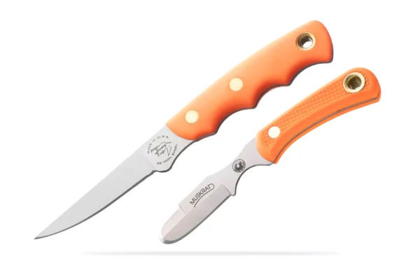 Jaeger and Muskrat Combo hunting knives with Suregrip orange handles and D2 steel blades.