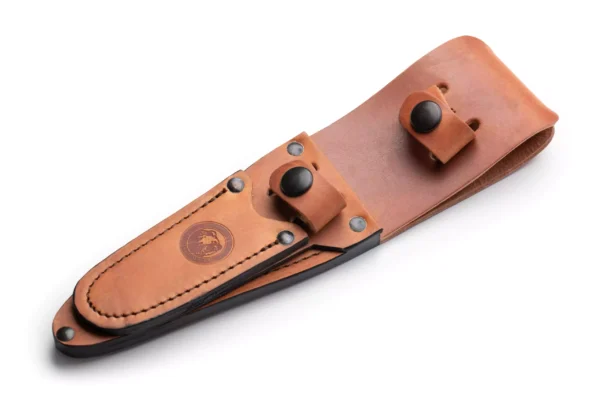 Tan leather knife sheath with button clasps and embossed Knives of Alaska logo