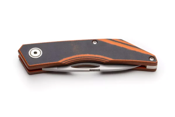 Closed Osprey folding knife with G10 handle and D2 blade partially visible